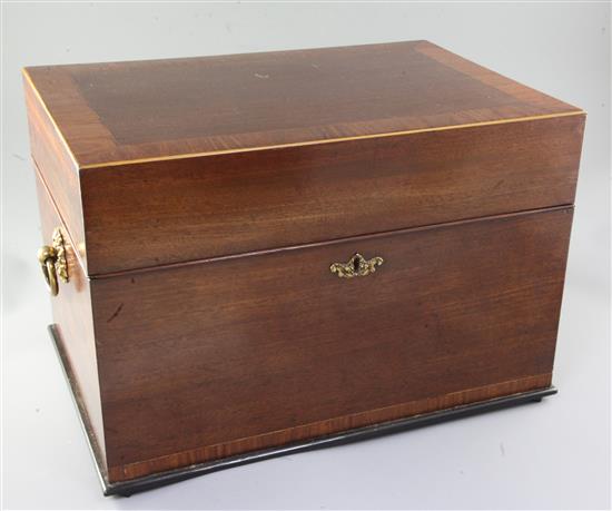 A George III crossbanded mahogany decanter box, width 18in. height 11.5in. depth 12.5in.